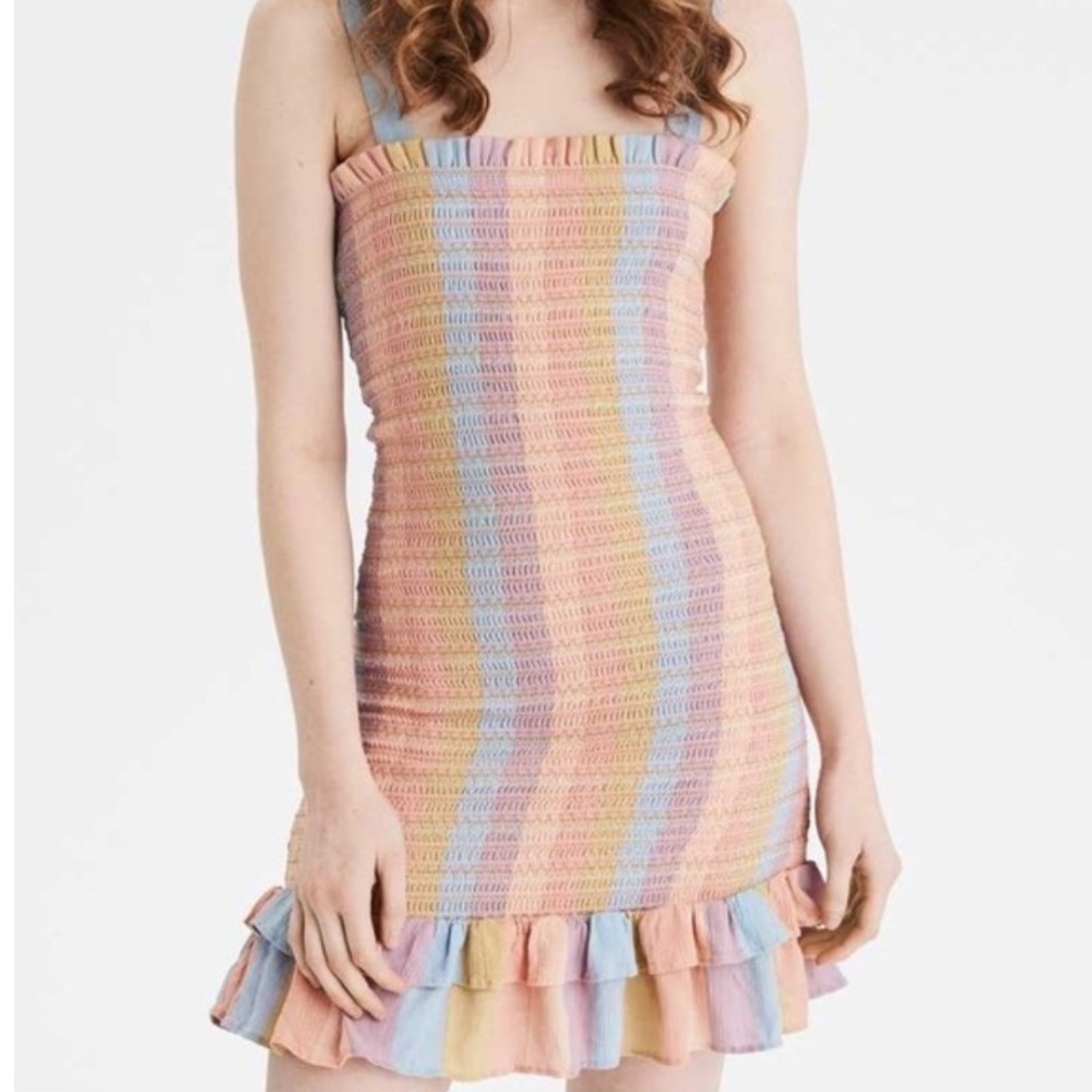 AE American Eagle Pastel Stripe Smocked Ruffle Mini Dress Medium